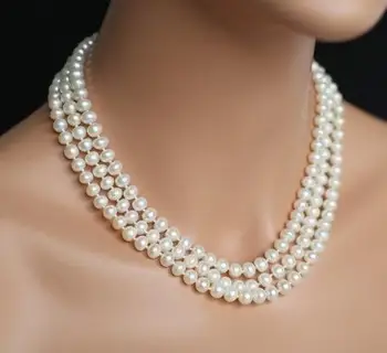 Naujas Klasikinis Mėgstamą Perlų Vėrinį 3 Eilėmis 7-8mm Baltas tikras Perlas Vestuvių Pamergės Meilės Dovana Fiine Papuošalai Moterims