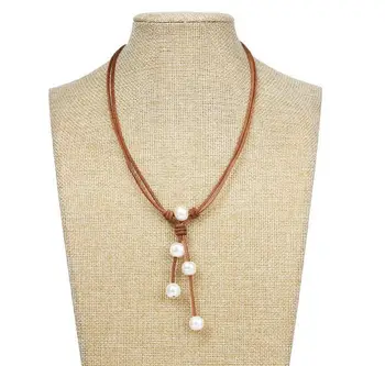 Naujas Mados Perlų Papuošalų,Ilgas Odinis AA Baltos spalvos Gėlavandenių Perlų Vėrinį Dviejų Sluoksnių Ruda Oda Su Dydžio Perlų Vėrinį