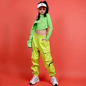Naujas Merginų Hip-Hop Šokio Kostiumai Mados Fluorescencinė Žalia Vaikų Džiazo Scenoje Rodo, Drabužiai Vaikams Šiuolaikinių Gatvės Šokių Dėvėti 120-170
