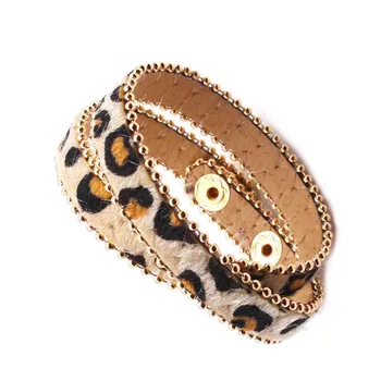 Naujas produktas Mados Leopard Odinės Apyrankės Moterims Boho Aukso Spalvos Mygtuką Derliaus Wrap Apyrankę Kalėdų Punk Papuošalai