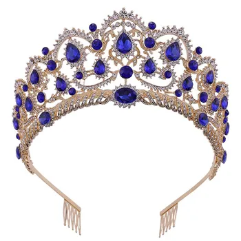 Naujas Retro Baroko Stiliaus, Aukso Mėlyna Kristalų Royal Princess Inscenizacija Rožančiai ir Karūną su Plaukų Šukos Nuotaka Noiva Vestuvių Diadem