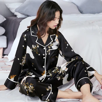Naujas Šilko Pižamos Rinkinys Moterims, 2 Vnt Prekės Prabanga Sotf Sleepwear Pižama nustatyti Ponios Pinta Nekilnojamojo Šilko Visas Ilgis Homewear