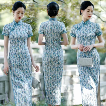 Negabaritinių 4XL Gėlių Siuvinėjimo Nėrinių Ilgai Cheongsam Moterų Kinų Stiliaus Qipao Elegantiškas Tradicinių Drabužių Suknelė