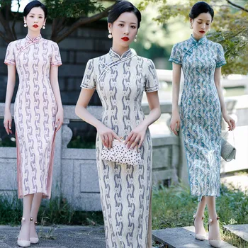 Negabaritinių 4XL Gėlių Siuvinėjimo Nėrinių Ilgai Cheongsam Moterų Kinų Stiliaus Qipao Elegantiškas Tradicinių Drabužių Suknelė