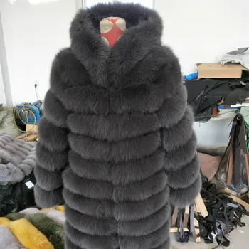 Nekilnojamojo Fox Fur Moterų Ilgas Paltas su Gobtuvu, ir Susiuvimo Avių odos Rudens ir Žiemos Plonas Lapės Kailio Striukė
