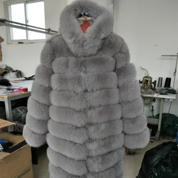 Nekilnojamojo Fox Fur Moterų Ilgas Paltas su Gobtuvu, ir Susiuvimo Avių odos Rudens ir Žiemos Plonas Lapės Kailio Striukė