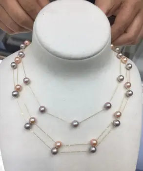 Nemokamas pristatymas >>>>noble jewelry gamtos 6.5-7mm Akoya balta perlų vėrinį kietasis 18k Gold