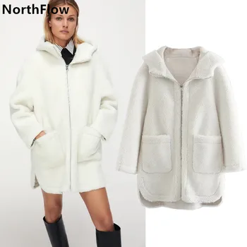 Northflow 2020 Paltai Moterims Anglijoje stiliaus Kišenės vientisos Baltos Užtrauktukas Vilnos Kailis Feminino Femme Moterims, Paltai ir Striukės