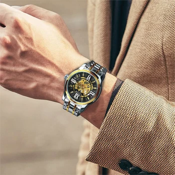 NUGALĖTOJAS Aukso Rankiniai Laikrodžiai Vyrams Prabangių Laikrodžių Vyrams Automatinis Laikrodis Viršų Markės Plieno Dirželis Šviesos Laikrodžiai relógio masculino
