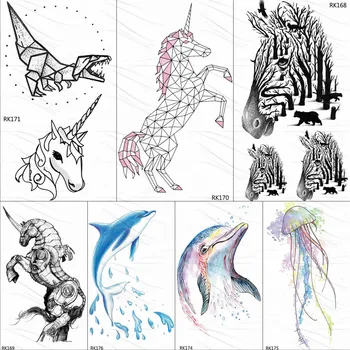 OMMGO Geometrinis Vienaragis Tatuiruotė Laikina Dinozaurų Delfinų Tatoos Knygą Vaikams Vandeniui Flash Akvarelė Zebra Tatuiruotė Lipdukas
