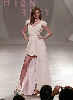 Pagal užsakymą pagaminti Miranda Kerr V-kaklo, Apribota Rankovėmis Šifono High-low Oficialią suknelės už šalies Nemokamas Pristatymas 2018 bridesmaid dresses