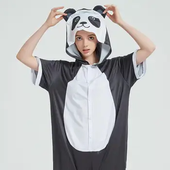 Panda Kigurumis Suaugusiems Kostiumai Vaikams Pižama Summmer Onesies Trumpas Rankovės Naktiniai Drabužiai Juokingas Animacinių Filmų Homewear Gobtuvu Pižamos