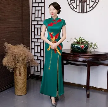 Panele Seksuali Pusės Split Kinijos Suknelės, Elegantiški Siuvinėjimai Phoenix Satino Qipao Slim Trumpas Rankovės Vestuves Vestidos De Festa
