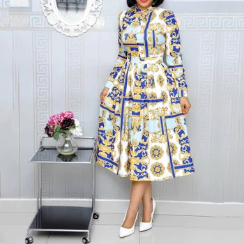 Patten Spausdinti Derliaus Moterų Suknelė Afrikos Stiliaus Biuro Ponios OLIS Drabužiai Plius Dydis Linija ilgomis Rankovėmis Midi Rudens Retro Suknelės