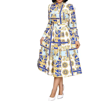 Patten Spausdinti Derliaus Moterų Suknelė Afrikos Stiliaus Biuro Ponios OLIS Drabužiai Plius Dydis Linija ilgomis Rankovėmis Midi Rudens Retro Suknelės