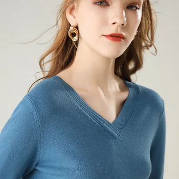 Pavasarį ir rudenį naujų moterų V-kaklo, megzti, žemiausią marškinėliai ilgomis rankovėmis vientisos spalvos marškinėliai