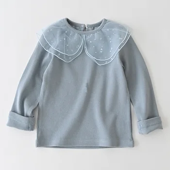 Pavasarį, Rudenį Mergaičių marškinėliai 2021 Naujų korėjos Stiliaus Merginos Basic Marškinėliai Peter pan Apykaklės ilgomis Rankovėmis Viršūnes DT325