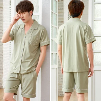 Pižama vyrų vasaros trumparankoviai korėjos atsitiktinis ir minkštas namų drabužiai gali dėvėti vientisos spalvos Sleepwear kostiumai vyrai pyjama