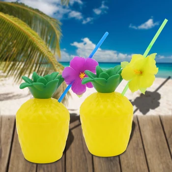 Plastikiniai Havajų Paplūdimyje Šalis, Kokosų, Ananasų Gėrimas Taurės ir Šiaudų Apdailos Geriamojo Šiaudų Šalis Gimtadienio Apdaila