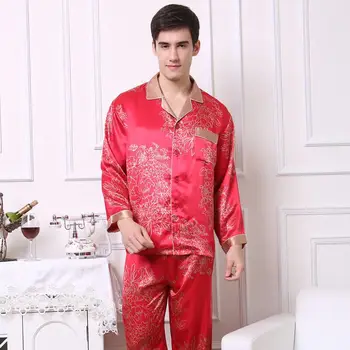 Prabanga Porų Šilko Satino Pižama Raudona Spalva Sleepwear Nustatyti, naktiniai drabužiai, 2 vnt. Pižama, Kelnės, Kostiumai Kinijos Pajama Mėgėjams