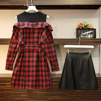 Prabangus pledas marškiniai 2 dalių rinkinys moterims korėjos stiliaus 4XL plius dydis išjungti peties viršūnės ir odinis sijonas nustatyti 2 gabalas žiemos apranga