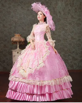 Prabangūs nėriniai siuvinėjimo rausvos gėlės duobute viduramžių dresswith skrybėlę renesanso Suknelė princesė cosplay Viktorijos/belle kamuolys suknelė