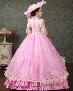 Prabangūs nėriniai siuvinėjimo rausvos gėlės duobute viduramžių dresswith skrybėlę renesanso Suknelė princesė cosplay Viktorijos/belle kamuolys suknelė