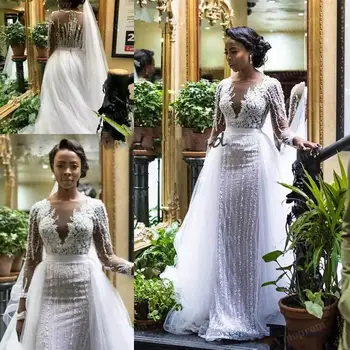 Puošnios ilgomis Rankovėmis Undinė Afrikos Vestuvių Suknelė, su Nuimamu Traukinio Pietų Afrikos Plius Dydis Nigerija Vestuvių Suknelės