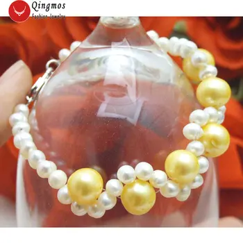Qingmos Natūralių Perlų Apyrankė skirta Moterims su 5-6mm Balta ir 9-10mm Geltonos, Apvalios Gėlavandenių Perlų Audimo Apyrankę 7.5