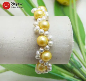Qingmos Natūralių Perlų Apyrankė skirta Moterims su 5-6mm Balta ir 9-10mm Geltonos, Apvalios Gėlavandenių Perlų Audimo Apyrankę 7.5