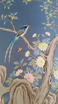 Rankomis dažyti tapetai, dažymas osmanthus su paukščių wallcovering TV/miegamasis/svetainė/sofos fone vertus, dažytos sienos popieriaus