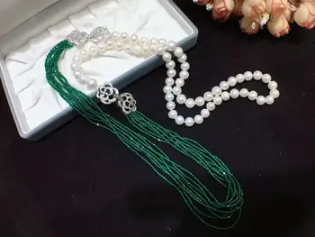 Rankomis rišti dvigubo panaudojimo 8-9mm baltos spalvos gėlavandenių perlų vėrinį žalias stiklas daugiasluoksnės 95cm ilgio megztinis grandinės bižuterijos