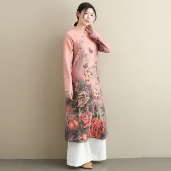 Retro Kinų tradicinė suknelė Rudens ir žiemos Naujas qipao cheongsam Stovėti apykaklės, Oda, kašmyras spausdinimo slim mados rožinė D040