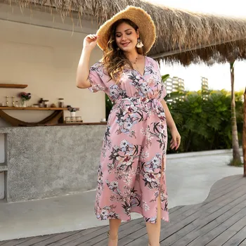 Ropa Mujer Moterų Vasaros Suknelė 2020 Plius Dydis Atsitiktinis V-Kaklo trumpomis Rankovėmis Bohemijos Spausdinti Nėrinių Suknelė Boho Paplūdimio Atsitiktinis Suknelė