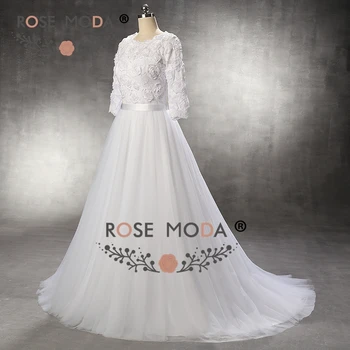 Rose Moda ilgomis Rankovėmis Vestuvių Suknelė su 3D Nėrinių Princesė Tiulio Vestuvių Suknelės Realios Nuotraukos