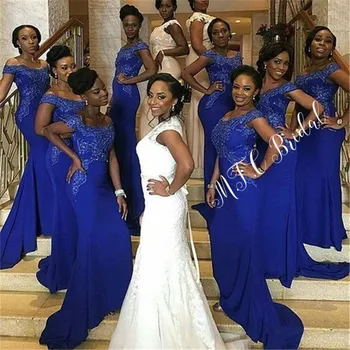 Royal Blue Undinė Afrikos Bridesmaid Dresses Didmeninė 2019 Nuo Peties Appliques Elastingos Satino Ilgai Tarnaitė Garbės Suknelė