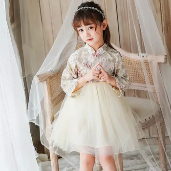 Rudenį Ilgomis Rankovėmis Nauja 2019 Mergaičių Suknelė Mados Nėriniai Šydas Išsiuvinėti Cheongsam Kinų Stiliaus Violetinė Rožinė Princesė Suknelė