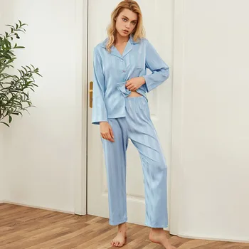 Rudenį Moterų Sleepwear 2 vnt Dirbtiniais Šilko Satino Pižama Nustatyti Pižamą ilgomis Rankovėmis už Moterų Mados Patogus Ponios Pižamos
