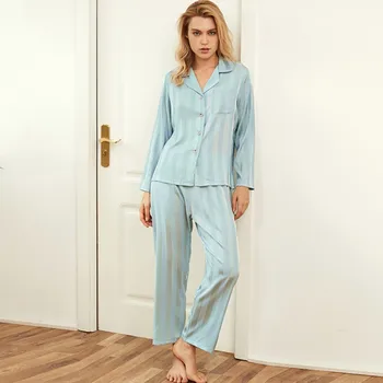 Rudenį Moterų Sleepwear 2 vnt Dirbtiniais Šilko Satino Pižama Nustatyti Pižamą ilgomis Rankovėmis už Moterų Mados Patogus Ponios Pižamos