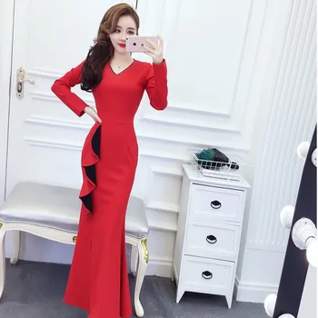Rudenį, Pavasarį Moterų Suknelės 2020 Naujas V-Neck Slim Bodycon Vestidos ilgomis Rankovėmis Elegantiška Pakuotė Klubo Raudona Suknelė Feminina L890