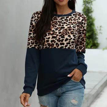 Rudenį Viršuje Moterų Ilgas Rankovėmis Marškinėliai 2020 Dryžuotas Viršūnes Tee Moterų Leopard Susiuvimo Tees Mados Prarasti Viršuje Lady T-shirt