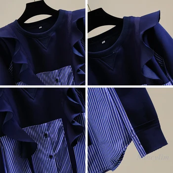 Ruffles Puloveris Palaidinukė Kratinys Juostelės Marškinėliai Moterims Korėjos Stiliaus Atsitiktinis Prarasti Visus Atitikimo Viršuje Bliuzono 2020 M.