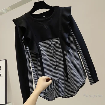 Ruffles Puloveris Palaidinukė Kratinys Juostelės Marškinėliai Moterims Korėjos Stiliaus Atsitiktinis Prarasti Visus Atitikimo Viršuje Bliuzono 2020 M.