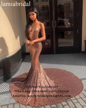 Seksualus Backless Undinė Prom Dresses 2019 Aukso Blizgučiais Pigūs 2K19 Pora Mados arabų, Afrikos Oficialų Baigimo Šalis Chalatai