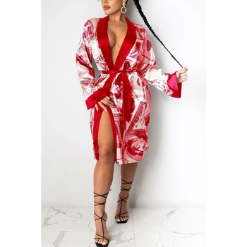 Seksualus, Moterų Satino Chalatas, Madinga Dolerio Spausdinimo ilgomis Rankovėmis V-Kaklo, Šilkinis Chalatas Kimono Sleepwear su Diržu