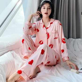 Seksualus ponios patogi ir minkšta pižama aukštos elastinga šilko imitacijos spausdinti cardigan dviejų dalių home home paslaugų kostiumas JJF0146