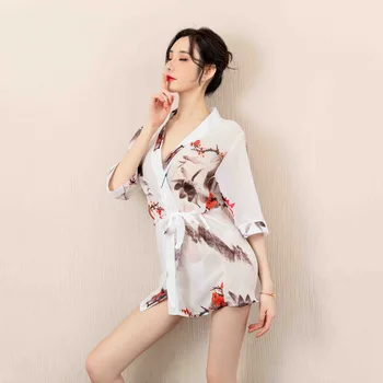 Seksualus šifono seksualus apatinis trikotažas moterims pagunda plius dydis pižama skaidrus spausdinti chalatas kimono rinkinys