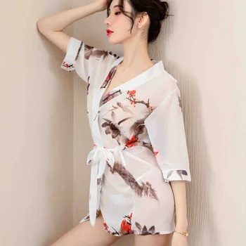 Seksualus šifono seksualus apatinis trikotažas moterims pagunda plius dydis pižama skaidrus spausdinti chalatas kimono rinkinys
