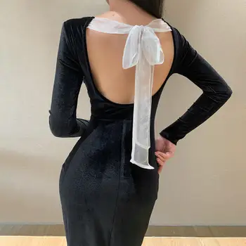 Sexy Moteris Dresse Moterims, O Kaklo, ilgomis Rankovėmis Backless Bowknot Seksualus Pusės Split Slim Suknelės Moterų 2020 M. Rudens drabužių