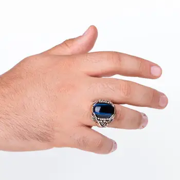 Sidabrinis Kardas Modelis Žiedas Ovalo Mėlyna Tigro Akis Akmuo Žiedas Handcarved Vyrų Sidabro Papuošalų Derliaus Vyrams Priedai